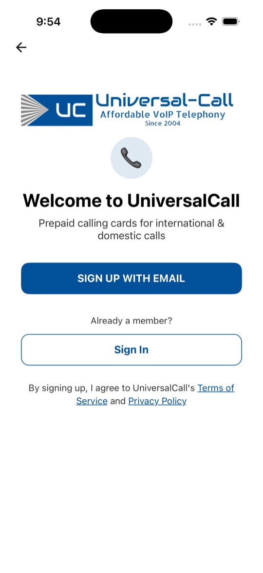 UCC Phone app screen: Get Started
