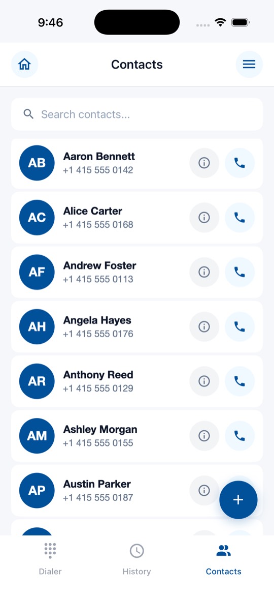 UCC Phone app screen: Call From Contacts