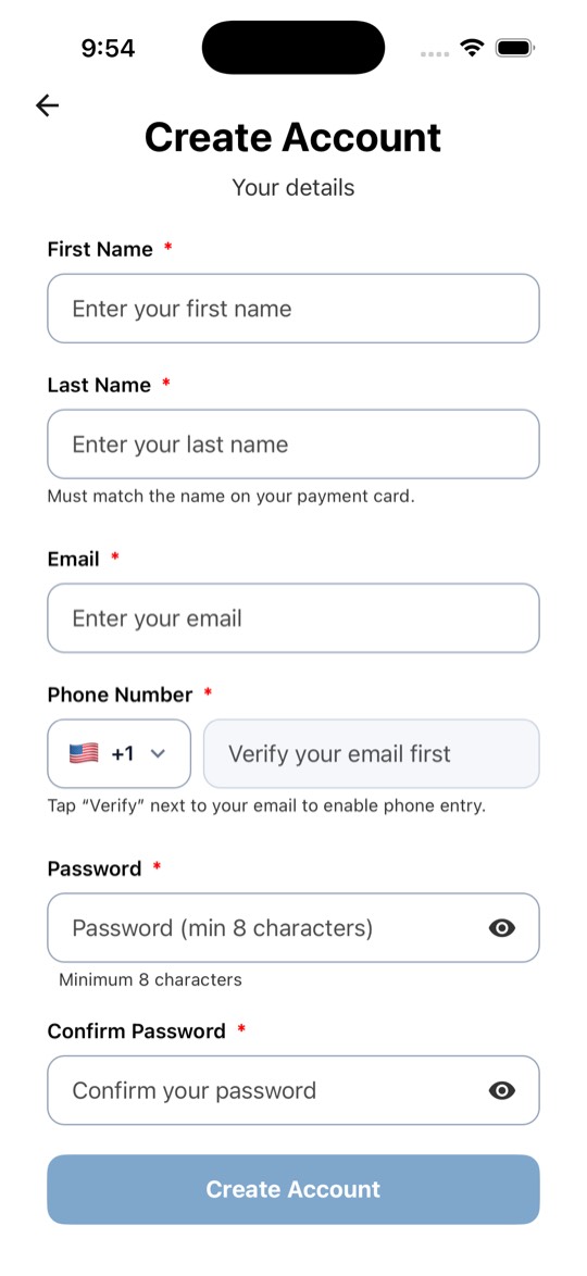 UCC Phone app screen: Create Your Account