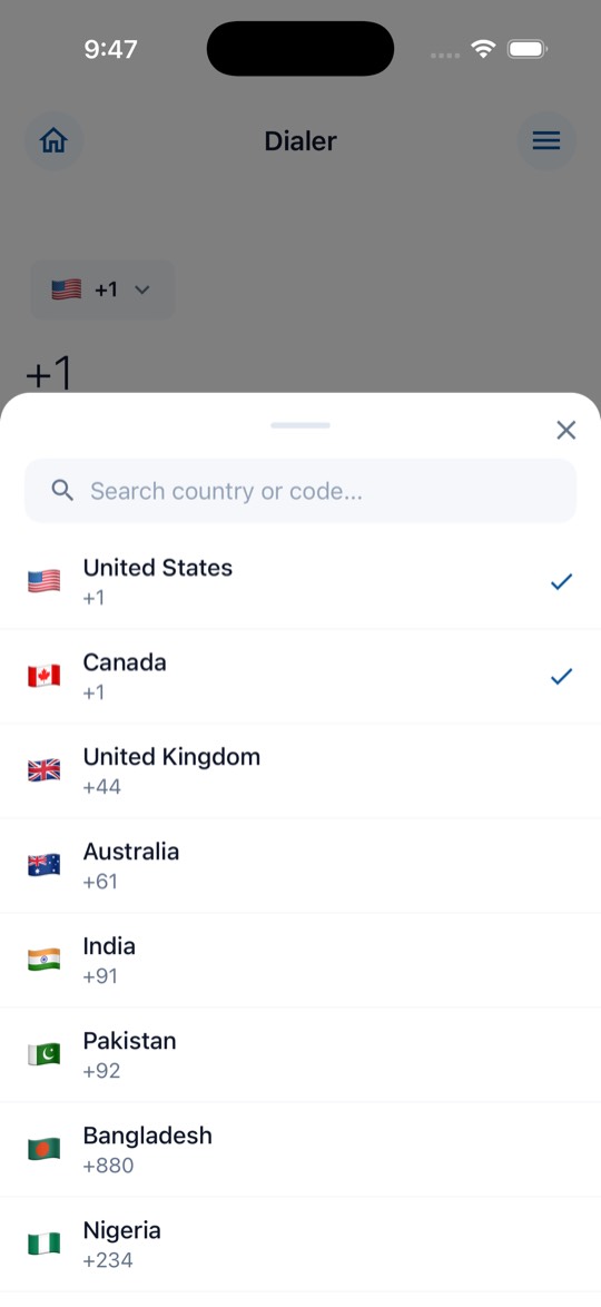 UCC Phone app screen: Pick a Country Code
