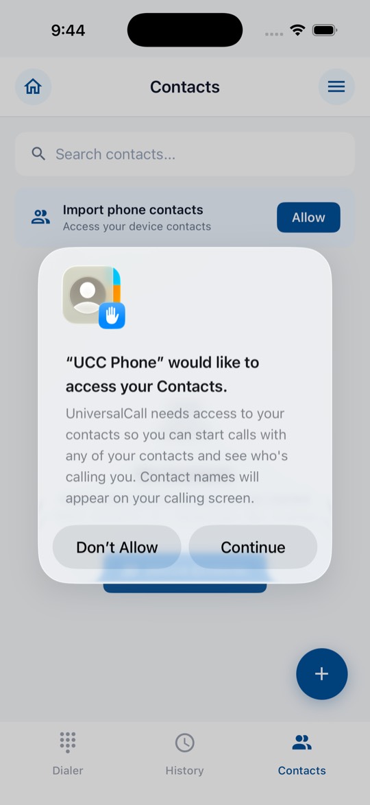UCC Phone app screen: Allow Contact Access